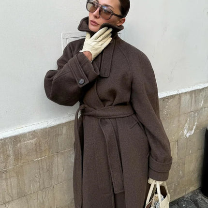 Women's Long Woolen Overcoats Stand Collar Single Breasted Lace Up Oversized Coat Autumn Winter Female Loose New Chic Outerwears