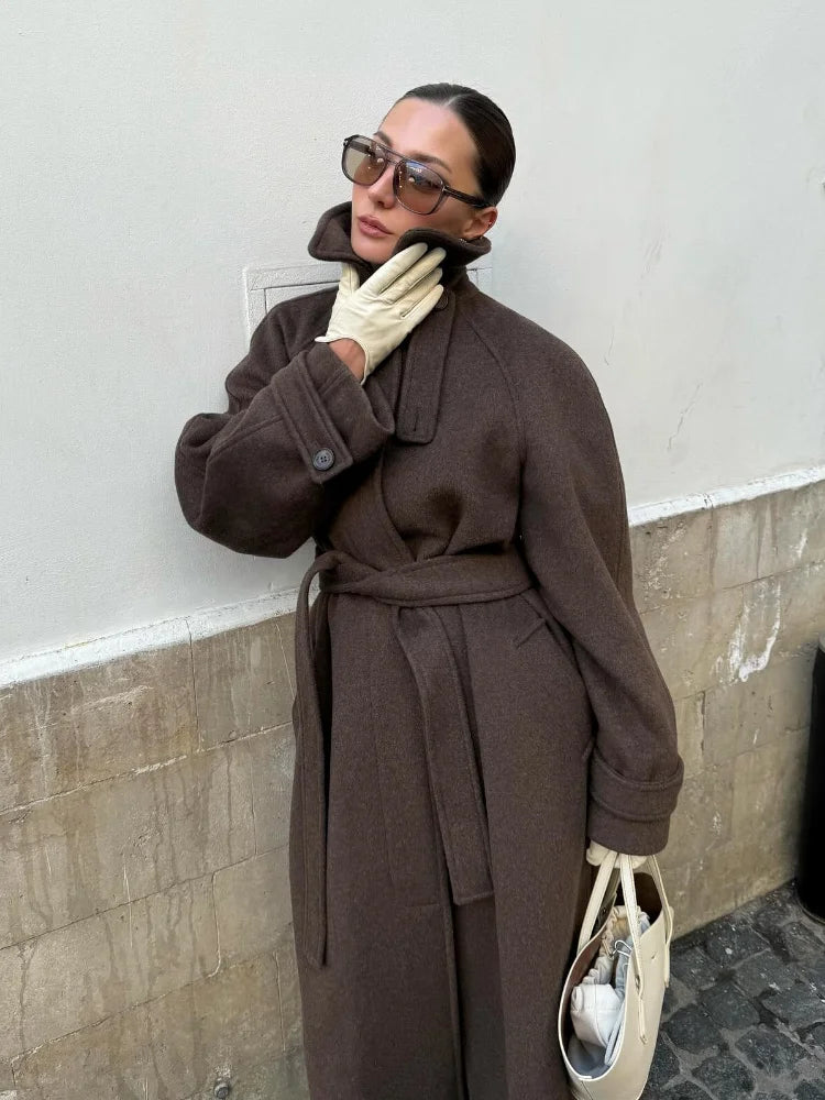 Women's Long Woolen Overcoats Stand Collar Single Breasted Lace Up Oversized Coat Autumn Winter Female Loose New Chic Outerwears
