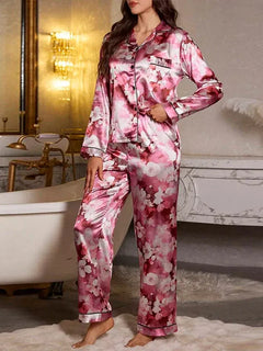 Pigiama da donna con stampa floreale color block, maniche lunghe e pantaloni in raso per un sonno confortevole, morbido pigiama e pigiama da notte