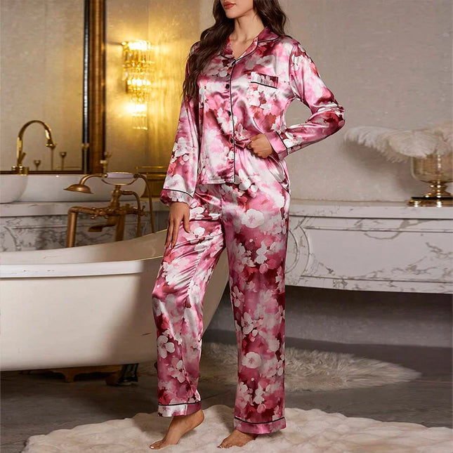 Pigiama da donna con stampa floreale color block, maniche lunghe e pantaloni in raso per un sonno confortevole, morbido pigiama e pigiama da notte