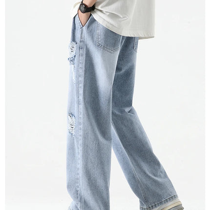Jeans strappati estivi da uomo Gamba dritta ampia Retro da uomo Disegna corda Porta Pantaloni casual tutto-fiammifero di marca di moda