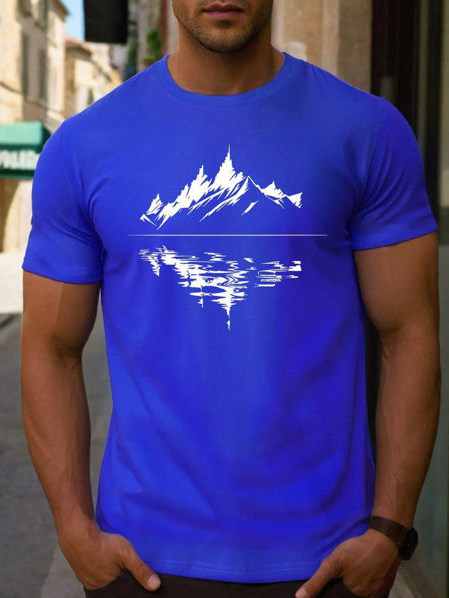 Men's summer 100 pure cotton fashionable casual loose fit plus mountain reflection printed round neck short sleeved T-shirt top PlatiNum