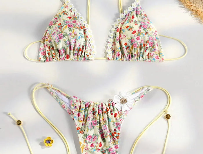 Set bikini bordato con stampa floreale Costumi da bagno sexy Donna 2025 Bikini Costume da bagno Micro perizoma Fasciatura Costumi da bagno platinumshop