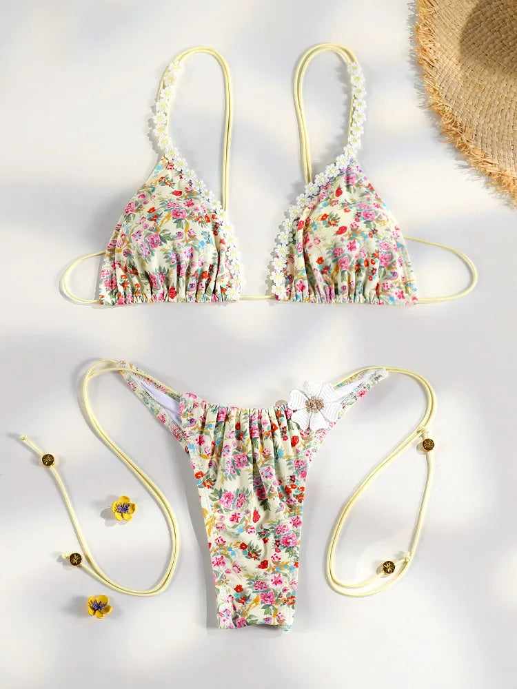 Set bikini bordato con stampa floreale Costumi da bagno sexy Donna 2025 Bikini Costume da bagno Micro perizoma Fasciatura Costumi da bagno platinumshop