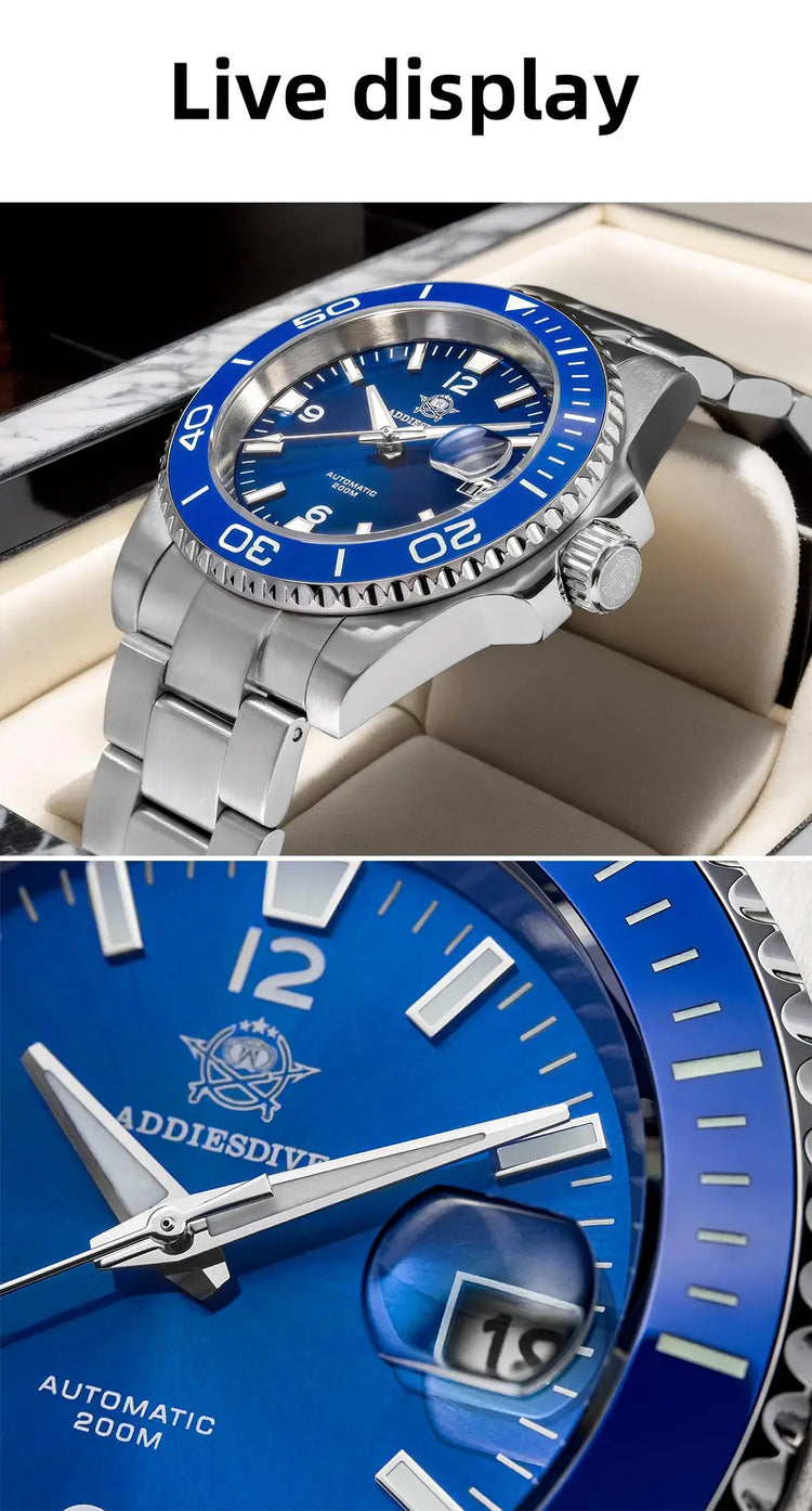 ADDIESDIVE Men Fashion Diving Mechanical Watch, Sapphire Crystal 20Bar Ceramic Bezel Super Luminous Stainless Steel Personalized