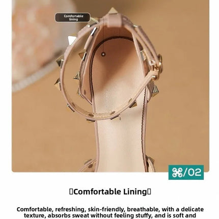 Sandali Nude con Punta a Spillo e Fibbia da Donna, Tacco Sottile Estivo, Impermeabili, con Plateau, Comodi, con Rivetti, in Pelle Sintetica platinumshop