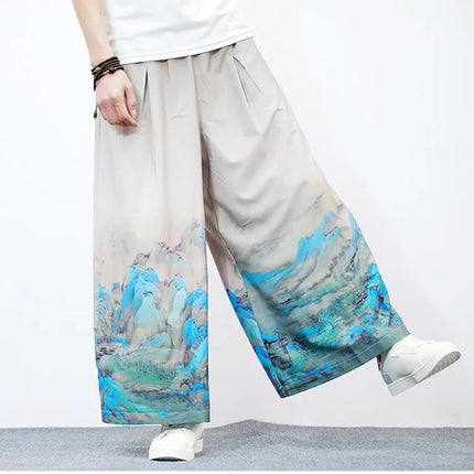 Nuovi Pantaloni da Uomo con Stampa Tradizionale a Gru, Stile Cinese Vintage, Pantaloni Harem Estivi, Pantaloni Larghi Hanfu Oversize da Uomo