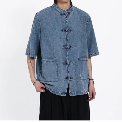 Nuove Giacche in Denim Estive Uomo/Donna Stile Cinese Vintage Lavato Camicie Personalizzate Uomo Kung Fu Casual Baggy Cotone Giacca Tang