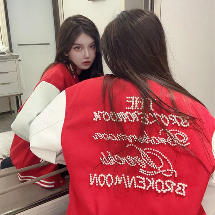 Broken Pearl Rhinestone Patchwork Leather Sleeve Baseball Jacket High Street Casual Loose Jacket Street Hip-hop Rock Fashion