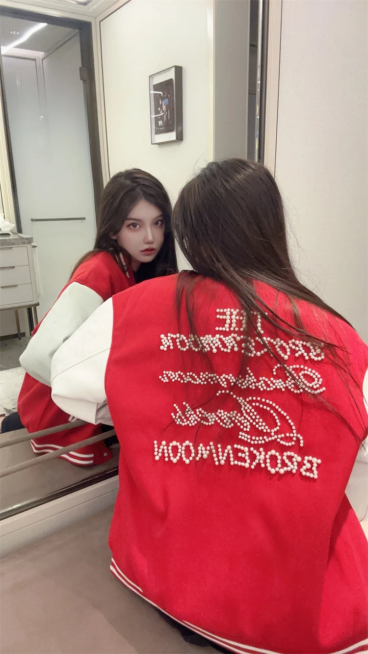 Broken Pearl Rhinestone Patchwork Leather Sleeve Baseball Jacket High Street Casual Loose Jacket Street Hip-hop Rock Fashion