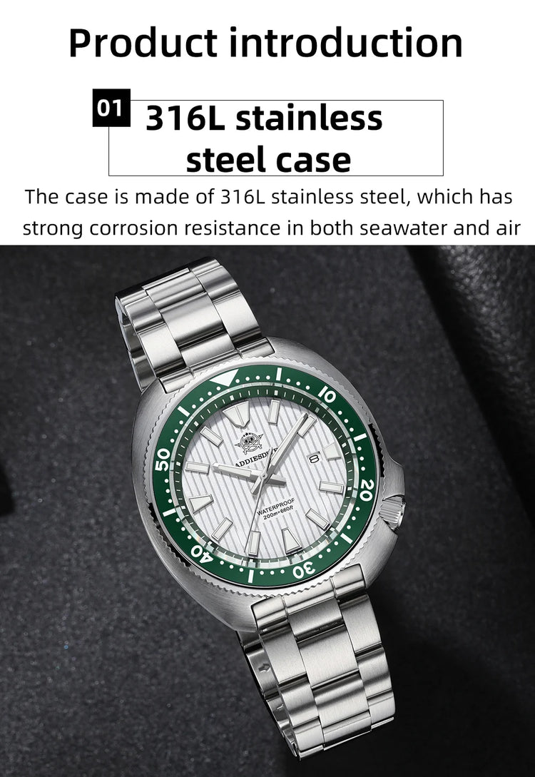 ADDIESDIVE New 200M Waterproof Quartz Watch Sapphire Crystal BGW9 Luminous Ceramic Bezel Stainless Steel Diving Watch AD2507
