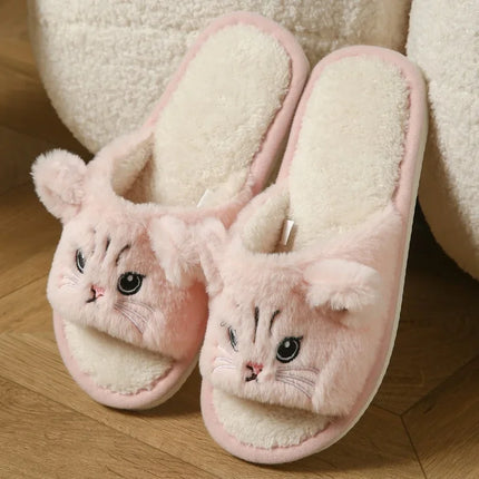 Cute Cat Plush Flip Flops For Women Men Warm Fuzzy Thong Slippers Cartoon Animal Indoor House Slippers Soft Thick EVA Sandals