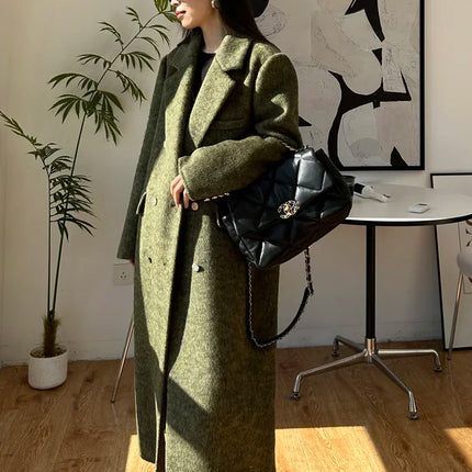 High-end Thick Double-sided Wool Coat Female Fashion Long  Autumn Winter Lapel Double Breasted Wool Coat Women Loose Outerwear