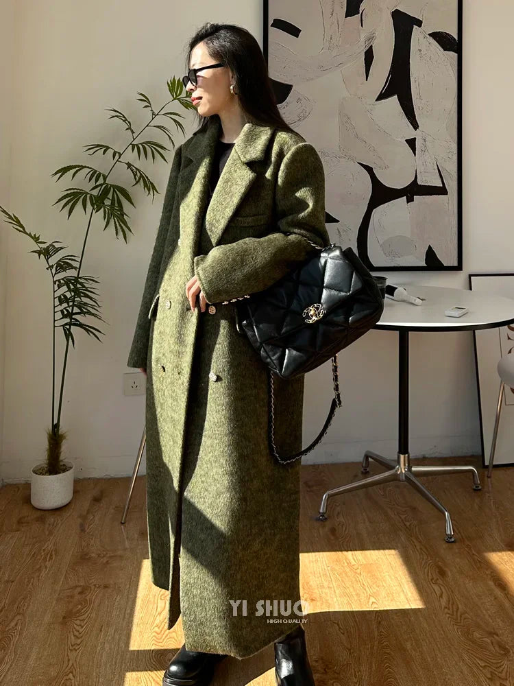 High-end Thick Double-sided Wool Coat Female Fashion Long  Autumn Winter Lapel Double Breasted Wool Coat Women Loose Outerwear