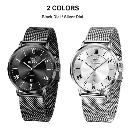 OLEVS 5623 Orologio al quarzo da uomo con quadrante minimalista con numeri romani, cinturino in maglia milanese, lancette luminose, datario, resistente all'acqua fino a 30 m platinumshop