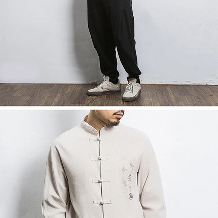 Camicie a maniche lunghe da uomo Ricamo tradizionale in cotone e lino Casual Tang Suit Cardigan da uomo Camicette Kung Fu retrò stile cinese da uomo