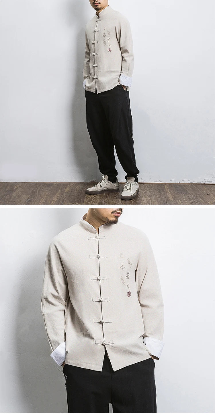 Camicie a maniche lunghe da uomo Ricamo tradizionale in cotone e lino Casual Tang Suit Cardigan da uomo Camicette Kung Fu retrò stile cinese da uomo