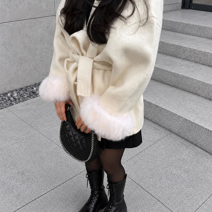 Tossy Fox Fur Wool Overcoat Women's Short Coat Office Lady Elegant Double-sided Woolen Coat 2025 New Cardigan Jackets Loose Wool