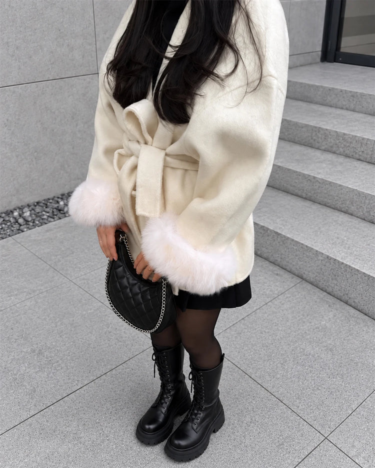 Tossy Fox Fur Wool Overcoat Women's Short Coat Office Lady Elegant Double-sided Woolen Coat 2025 New Cardigan Jackets Loose Wool