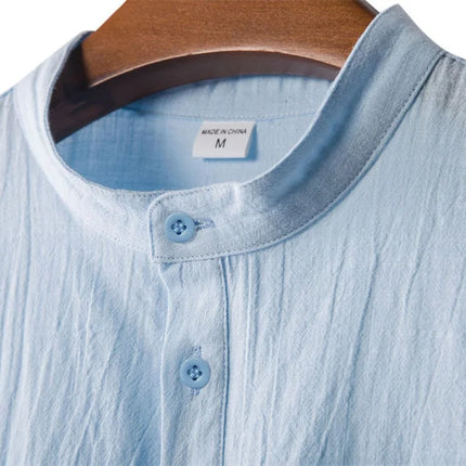 Men's Summer Cotton Linen T-Shirt, Beach Style, Short Sleeve, Henley Neck, for Vacations, Casual, Lightweight, Breathable and Comfortable