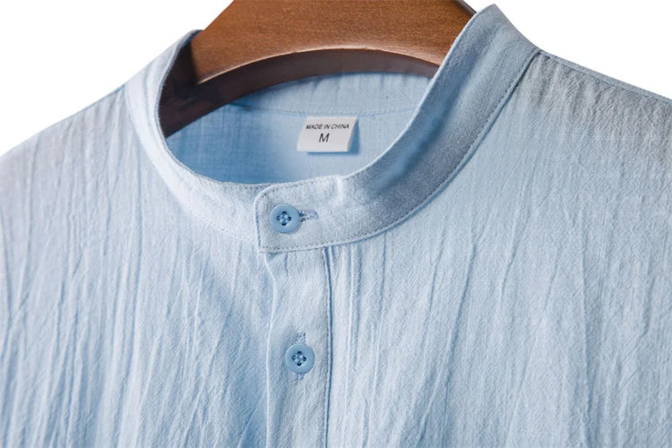 T-shirt Estiva da Uomo in Cotone e Lino, Stile Spiaggia, Manica Corta, Collo Henley, per Vacanze, Casual, Leggera, Traspirante e Confortevole