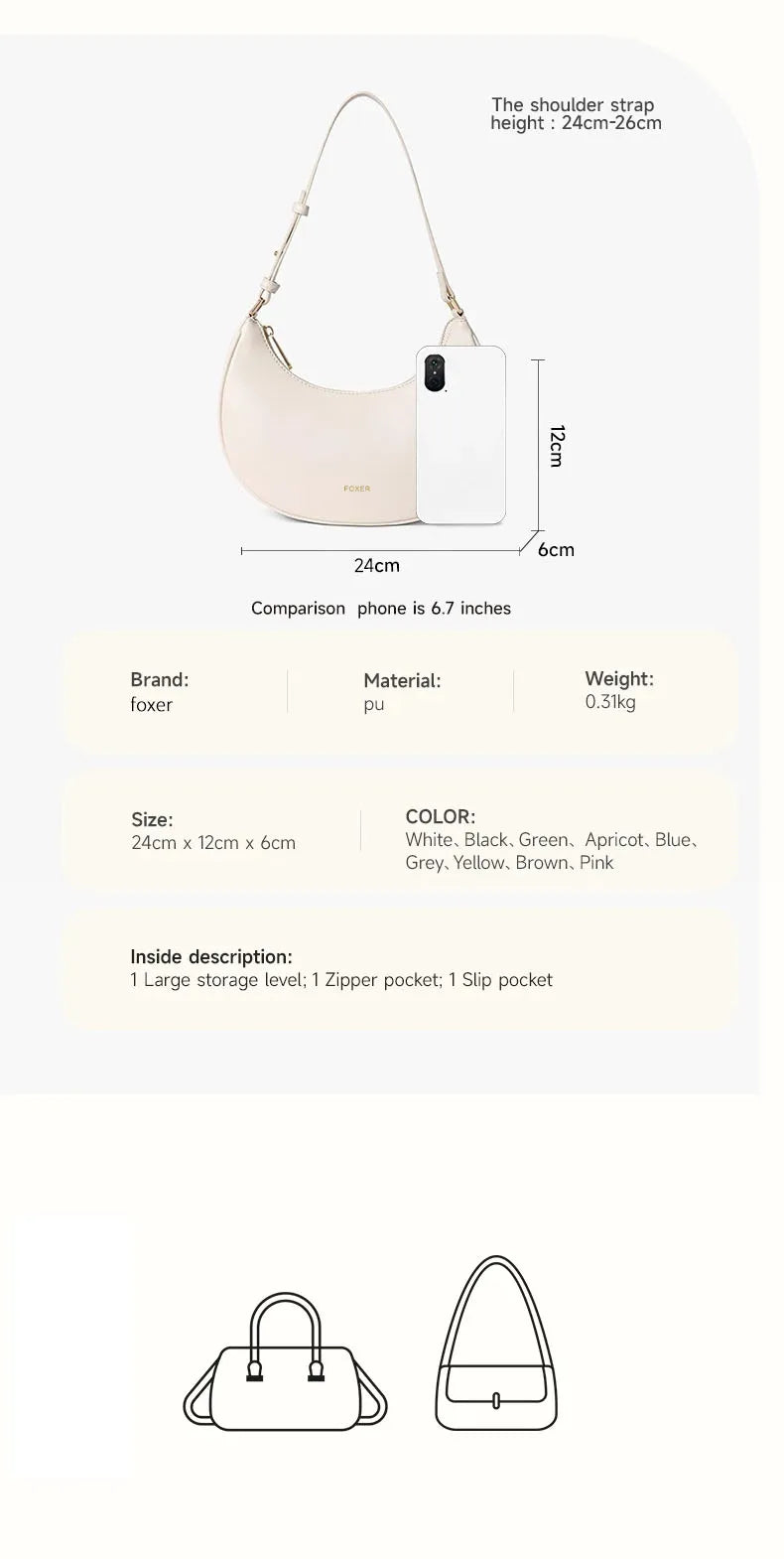 FOXER Brand Women's Shoulder Bag Soft PU Leather Female Handbag Simple Daliy Half-moon Bag Large Capacity Purse New Year Gift