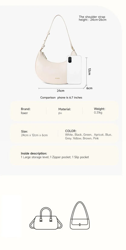 FOXER Brand Women's Shoulder Bag Soft PU Leather Female Handbag Simple Daliy Half-moon Bag Large Capacity Purse New Year Gift