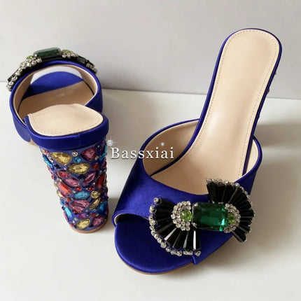 Sandali con tacco alto da donna estivi in seta blu con strass colorati e decorazioni a nodo a farfalla in cristallo per ragazze