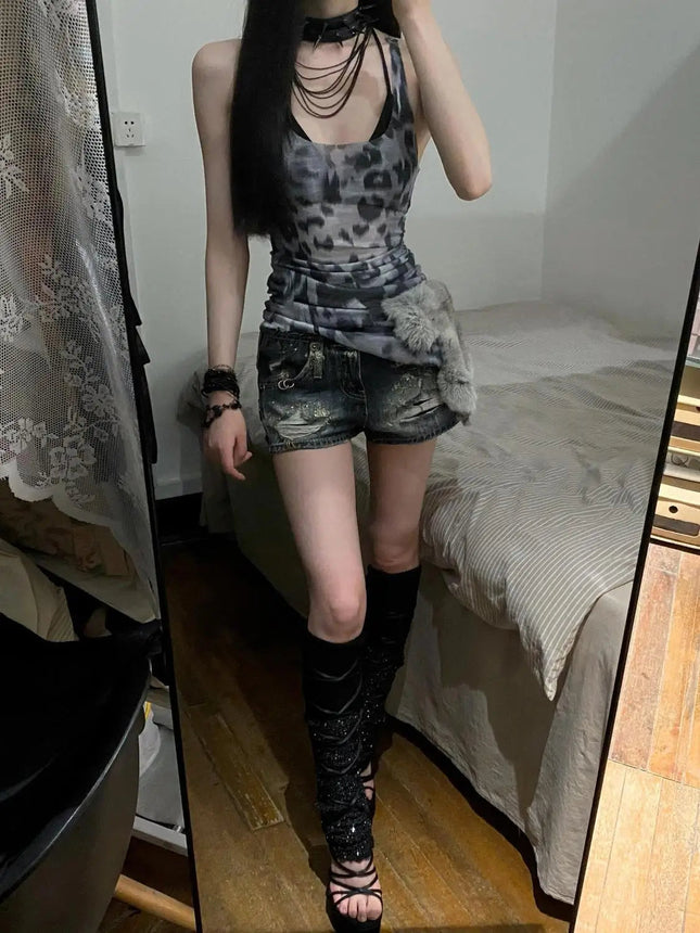 Y2K American Retro Short Denim Shorts Women Casual Rivet Sexy Streetwear Bodycon Gothic Punk Style Zipper Solid Color Summer PlatiNum