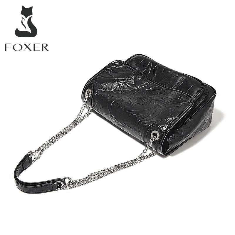 FOXER Women Genuine Leather + PU Shoulder Handbag Classic Fashion Black Tote Chain Bag