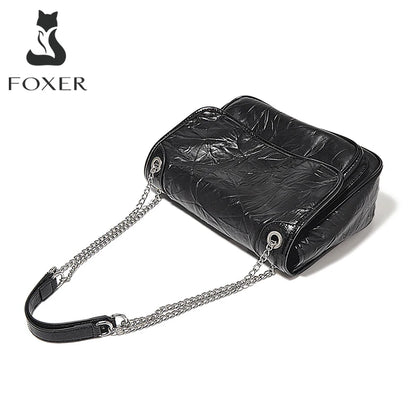 FOXER Women Genuine Leather + PU Shoulder Handbag Classic Fashion Black Tote Chain Bag