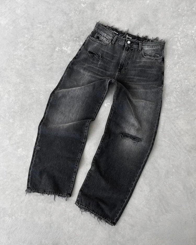Straight Jeans Distressed Men Jean Ripped Holes Washed Denim Pants Ankle Length Loose Solid Zipper Fly Pockets Casual 2025 PlatiNum