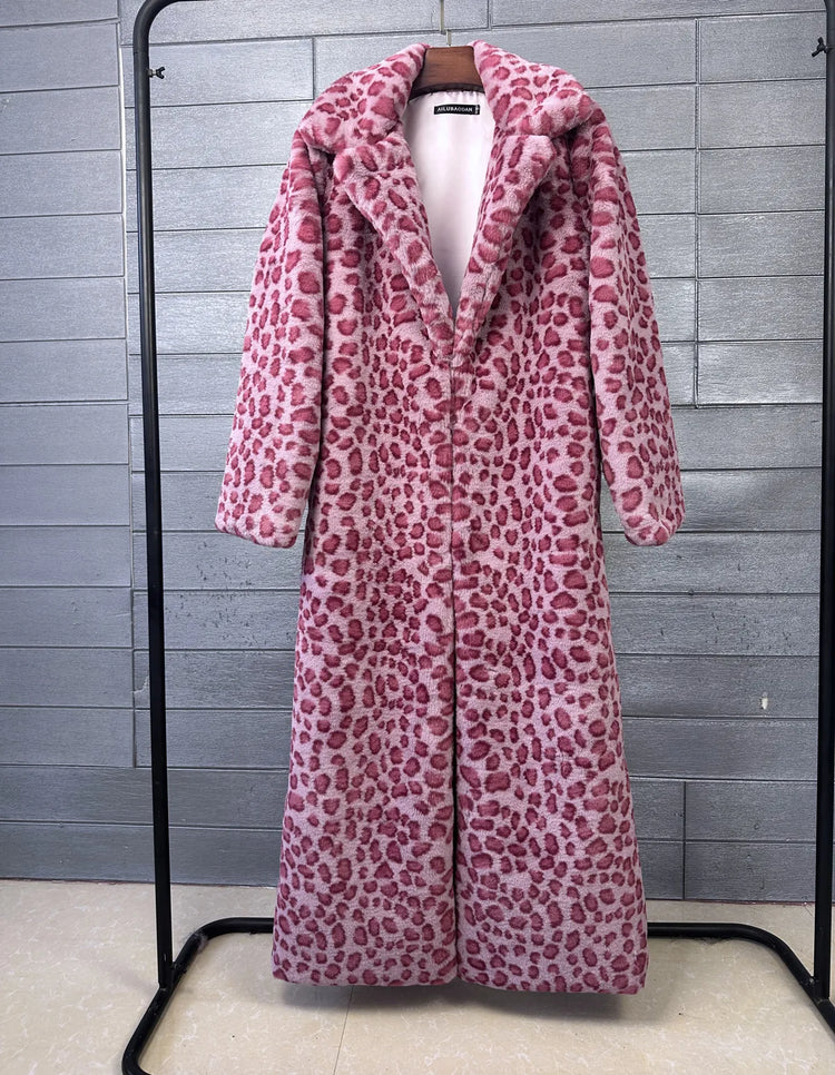 ZADORIN Elegant 130cm Long Furry Faux Rabbit Fur Coat Woman Y2K Clothes Leopard Lapel Faux Fur Jacket Woman Winter Fur Faux Coat