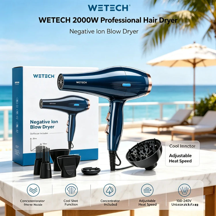 WETECH 2000W Professional Negative Ion Hair Dryer Adjustable Heat And Wind Speed Blow Dryer Cool Shot Function With Concentrator Nozzle & Diffuser 100‑240V Universal Voltage Salon Home Travel Hair Styling Tool