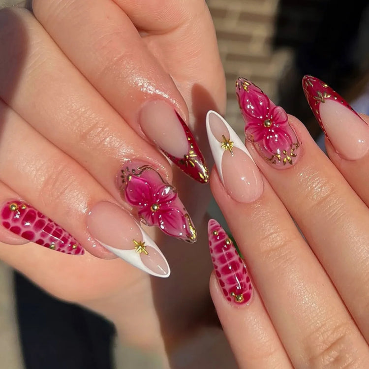24pcs Pink Flower Almond Press on Nails Kawaii False Nails Wearable Stick-on Nails Fake Nail Uñas Postizas Накладные Ногти 네일팁2028
