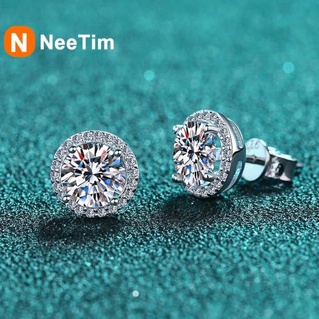 NeeTim Moissanite Stud Earrings for Women S925 Sterling Silver White Gold Plated Diamond Earring Ear Studs Wedding Fine Jewelry PlatiNum