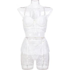 Sexy Erotic Womens Western Style Handmade Pearl 4 Piece Set Sensual See Through Lace Alluring Bowknot Attractive Breathable Set