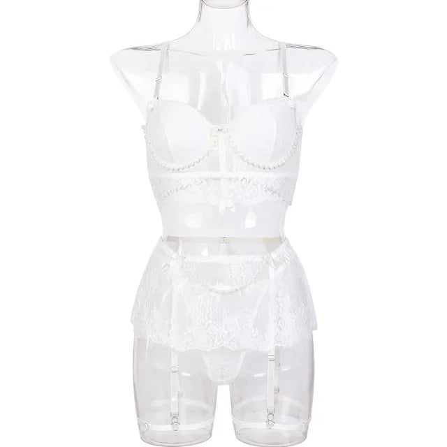 Sexy Erotic Womens Western Style Handmade Pearl 4 Piece Set Sensual See Through Lace Alluring Bowknot Attractive Breathable Set