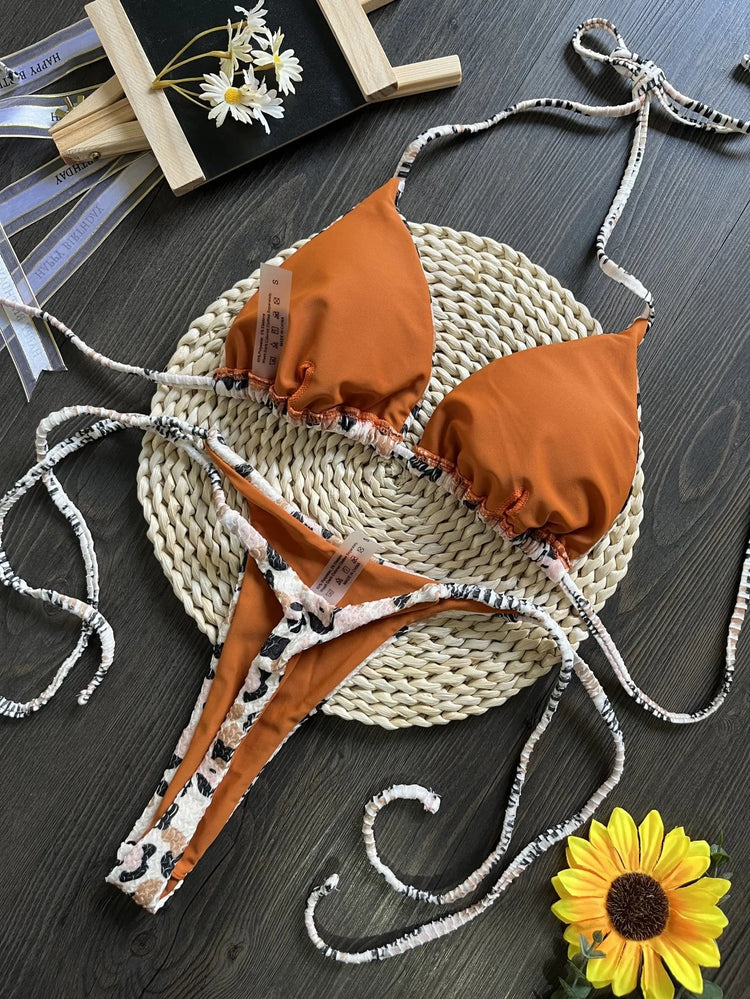 Bikini rugosi con scollo all'americana stampato Mini micro perizoma bikini costume da bagno femminile costumi da bagno donna bikini a due pezzi costume da bagno da bagno platinumshop