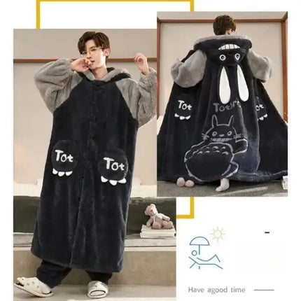 Kawaii Pokemon Pikachu Print Men's Fleece Pajama Set Hooded Robe + Pants Super Soft Winter Loungewear Cute Anime Sleepwear New
