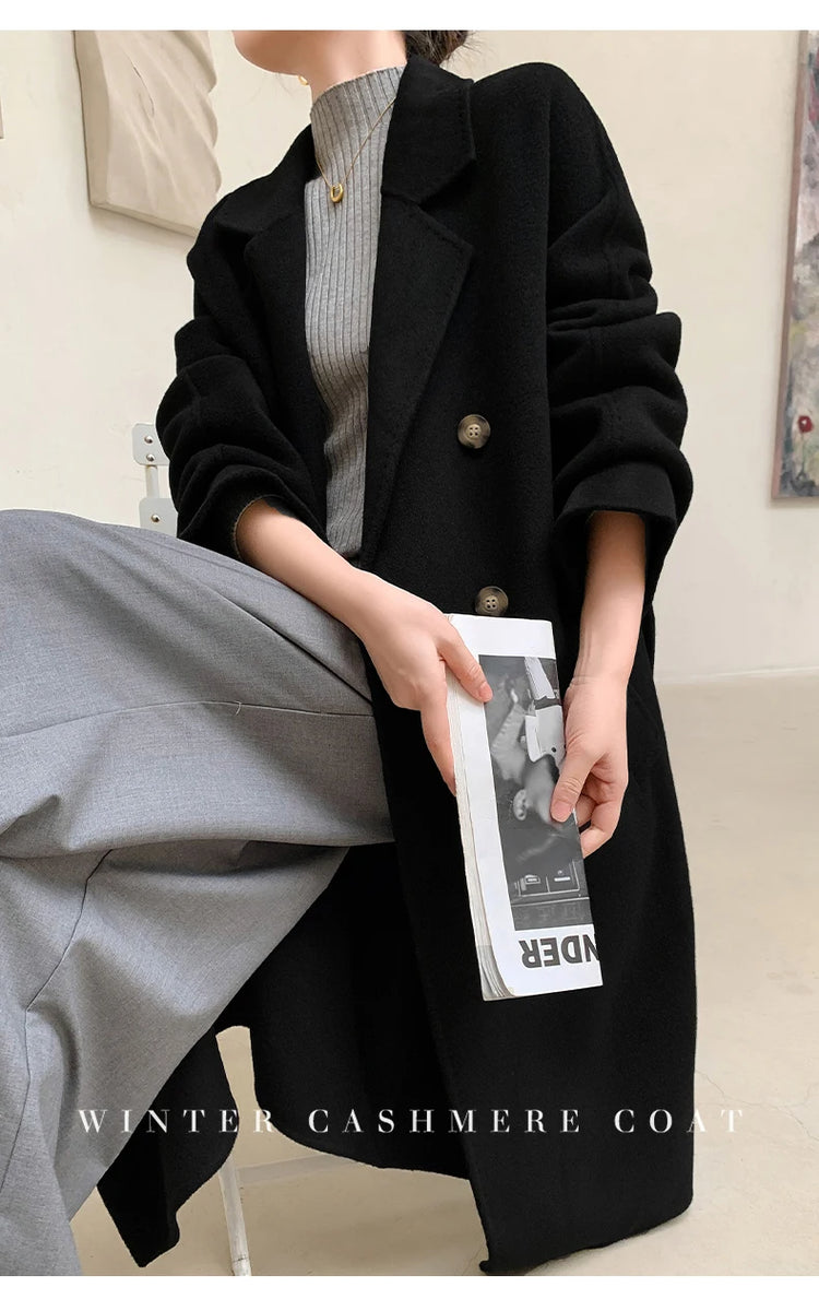Ladies' 100% Cashmere Thick Double-Sided Extended Coat, Classic, Versatile and Fashionable for Business and Leisure