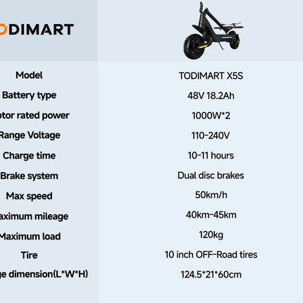 TODIMART X5S scooter elettrici per adulti doppio motore 2000W 48V 18.2Ah velocità 50 km/h pneumatico fuoristrada pieghevole 10" platinumshop