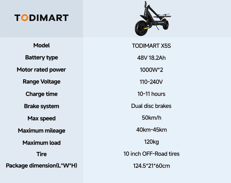 TODIMART X5S scooter elettrici per adulti doppio motore 2000W 48V 18.2Ah velocità 50 km/h pneumatico fuoristrada pieghevole 10" platinumshop
