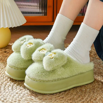 New Pink Bow Slippers Winter Women's Shoes Thick Sole Fuzzy Slippers for Home Mules Shoes Woman Fluffy Metal Bear House Slipper