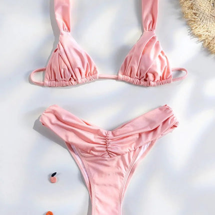Set Bikini Sexy con Pieghe, Micro Bikini Tinta Unita, Costume da Bagno Femminile a Triangolo, Abbigliamento da Spiaggia platinumshop
