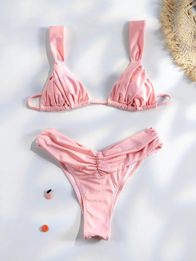 Set Bikini Sexy con Pieghe, Micro Bikini Tinta Unita, Costume da Bagno Femminile a Triangolo, Abbigliamento da Spiaggia platinumshop
