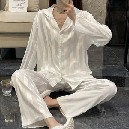 Pigiama estivo a righe da donna Set top a maniche lunghe Pantaloni in raso di seta Abito da casa Primavera Indumenti da notte casual allentati Indumenti da notte femminili