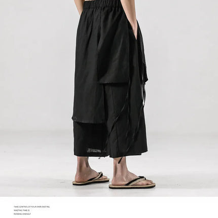 Pantaloni da uomo irregolari in cotone e lino, stile Harajuku, a gamba larga, tinta unita, casual, con elastico in vita, vestibilità ampia, stile punk