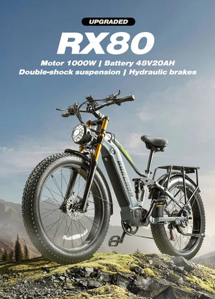 BURCHDA RX80 Bicicletta Elettrica per Adulti, Motore 1000W, Batteria 48V20AH960WH, E-bike con Pneumatici Fat da 26 Pollici per Tutti i Terreni, 45KM/H, E-Mountain Bike