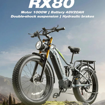 BURCHDA RX80 Bicicletta Elettrica per Adulti, Motore 1000W, Batteria 48V20AH960WH, E-bike con Pneumatici Fat da 26 Pollici per Tutti i Terreni, 45KM/H, E-Mountain Bike